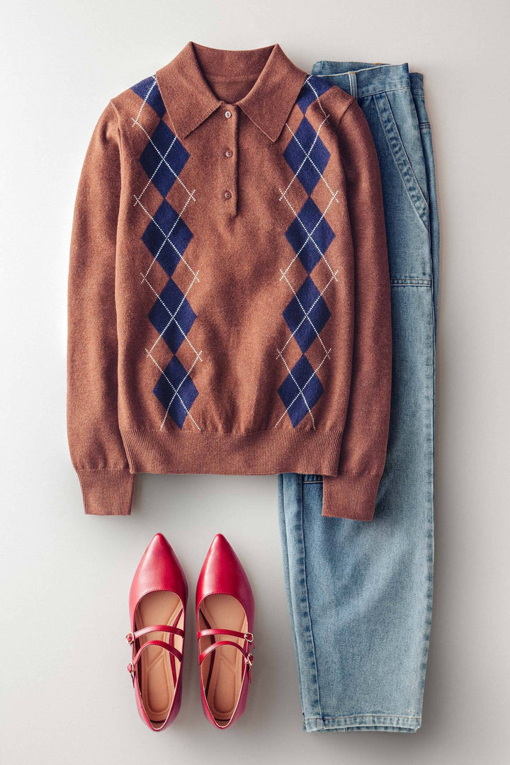 premium preppy argyle knit polo sweater - brown (additional view)