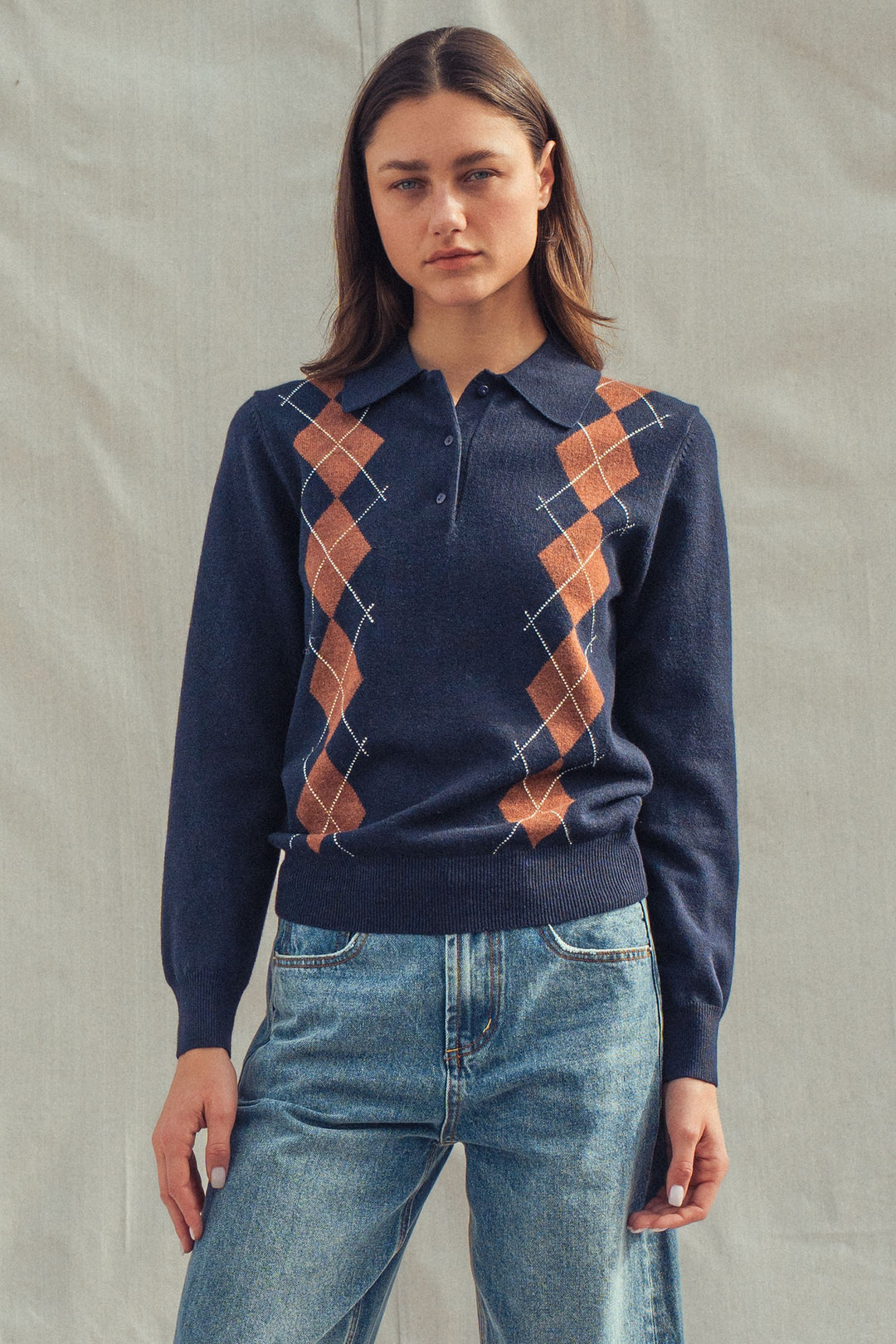 premium preppy argyle knit polo sweater - navy