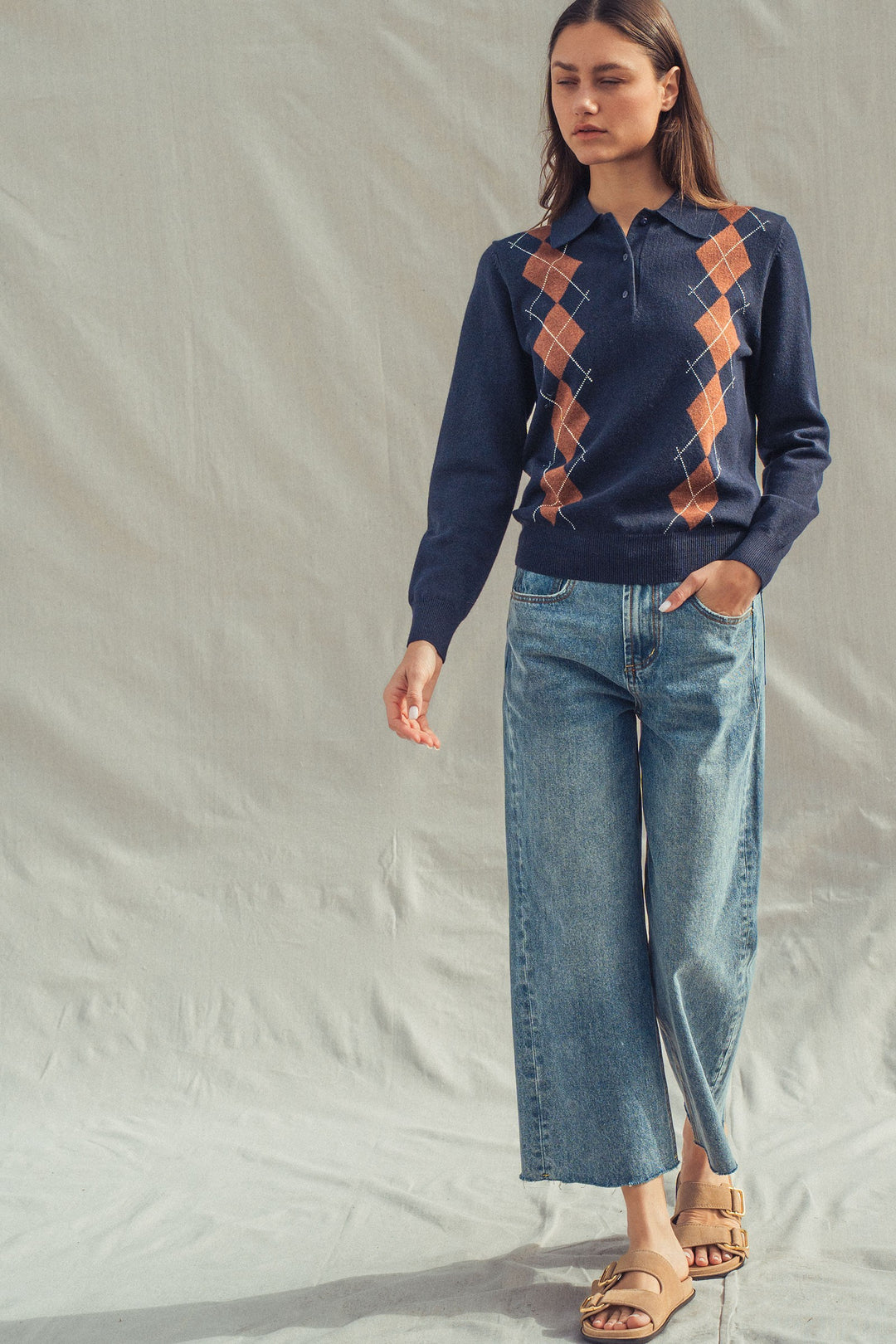 premium preppy argyle knit polo sweater - navy (additional view)