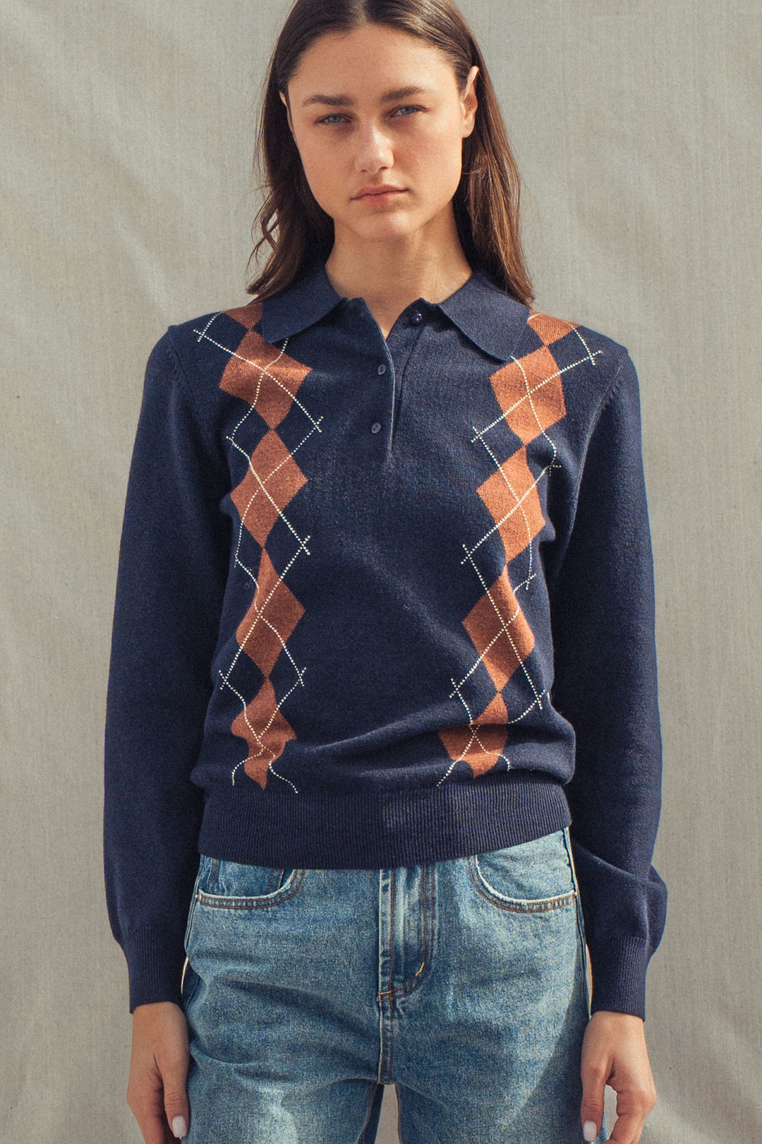 premium preppy argyle knit polo sweater - navy (additional view)