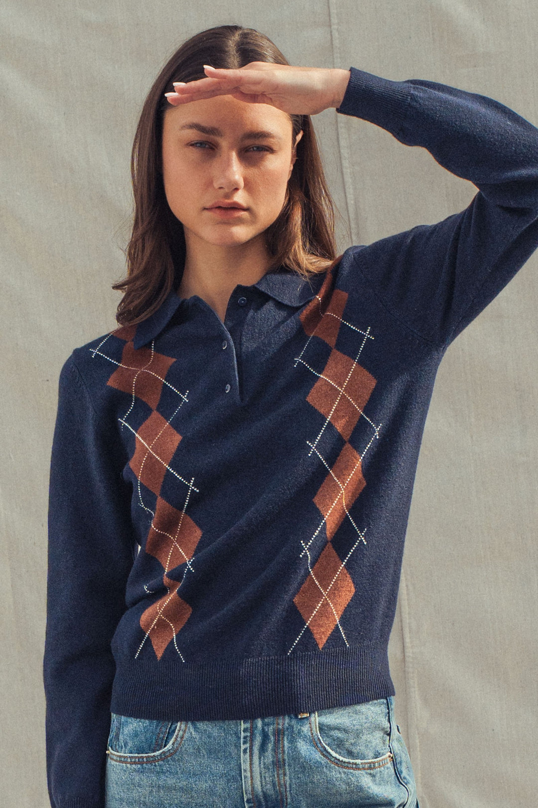 premium preppy argyle knit polo sweater - navy (additional view)