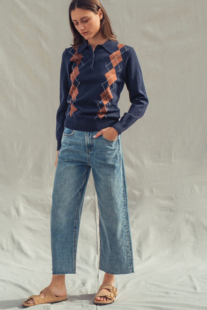 premium preppy argyle knit polo sweater - navy (additional view)