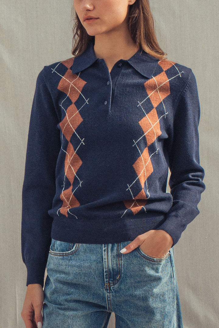 premium preppy argyle knit polo sweater - navy (additional view)