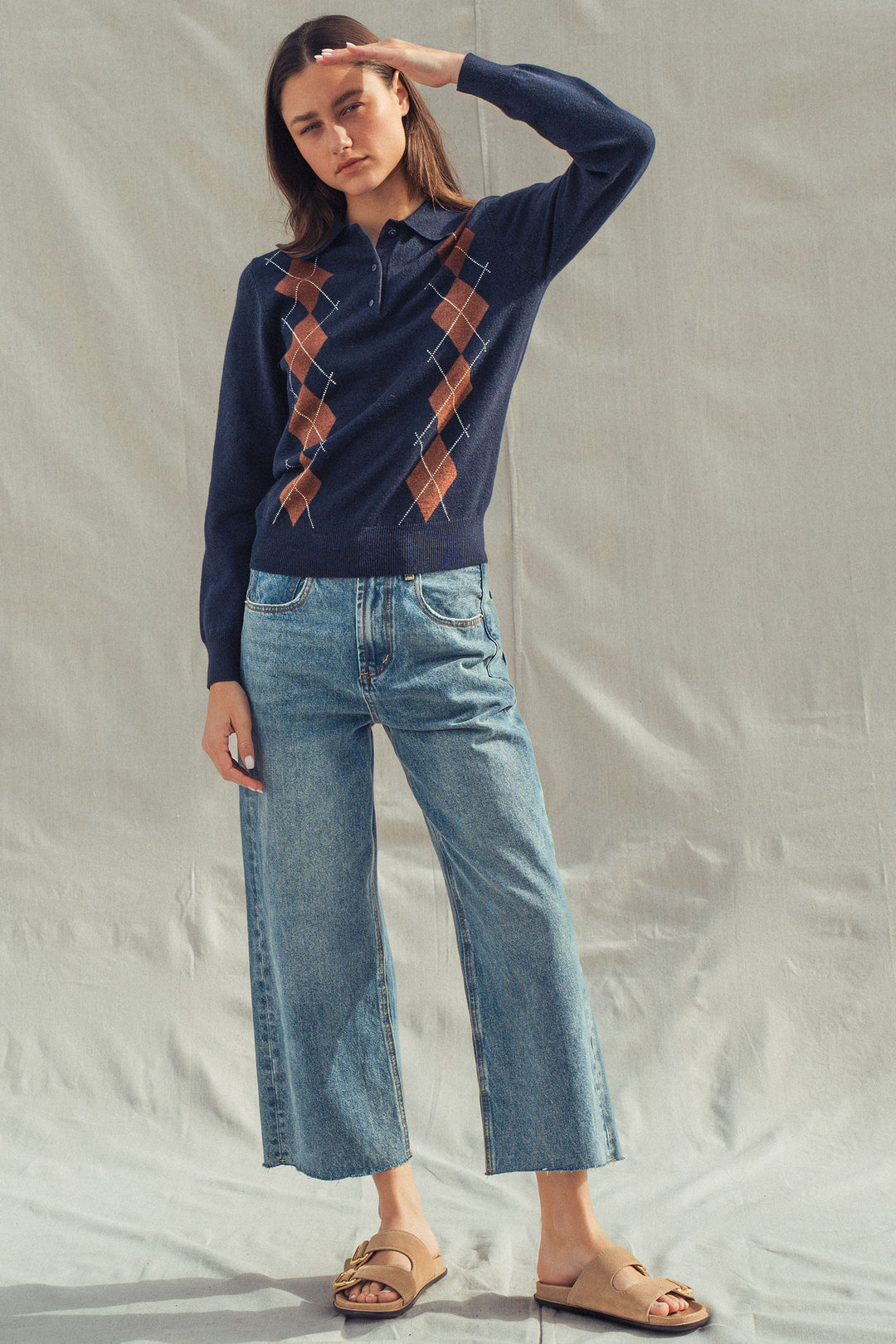 premium preppy argyle knit polo sweater - navy (additional view)