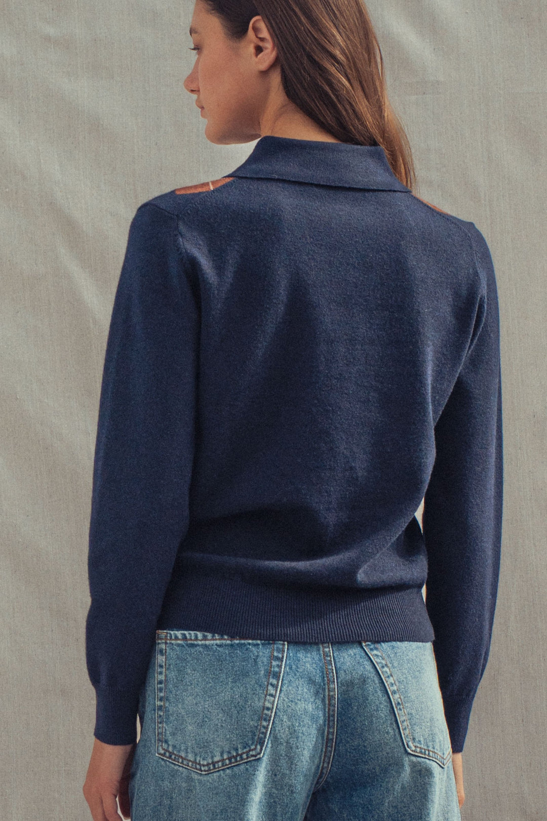 premium preppy argyle knit polo sweater - navy (additional view)