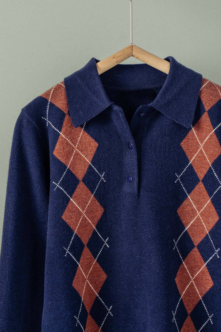premium preppy argyle knit polo sweater - navy (additional view)