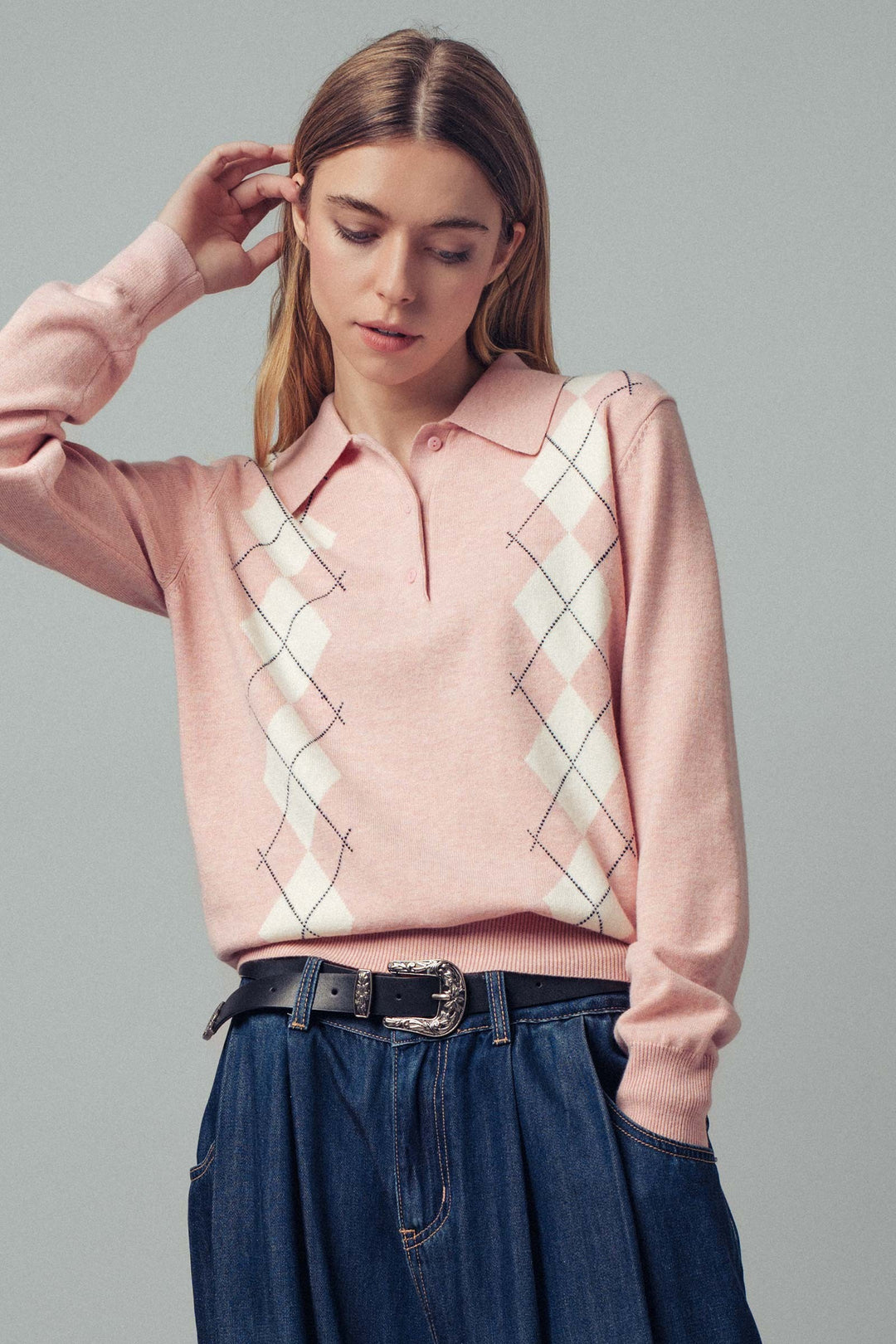 premium preppy argyle knit polo sweater - pink