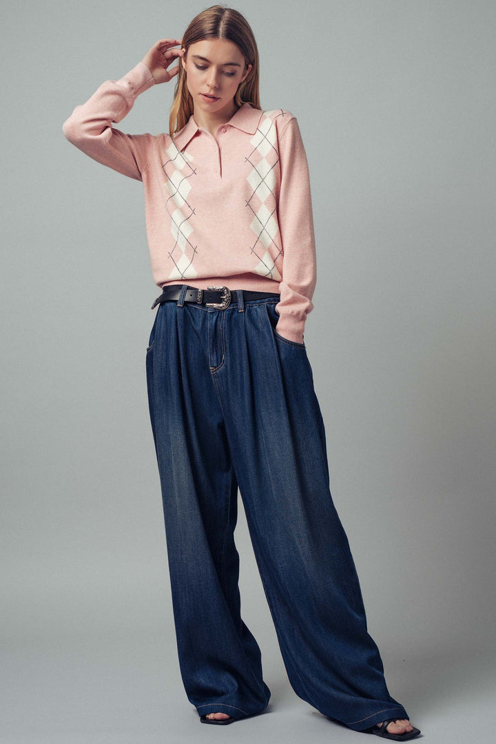 premium preppy argyle knit polo sweater - pink (additional view)