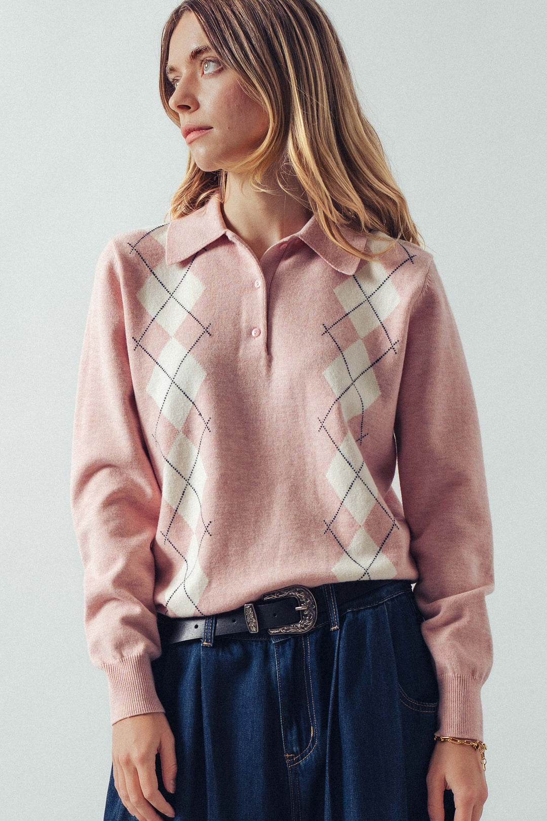 premium preppy argyle knit polo sweater - pink (additional view)