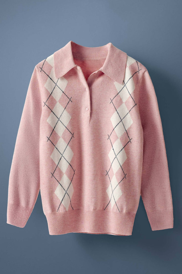 premium preppy argyle knit polo sweater - pink (additional view)