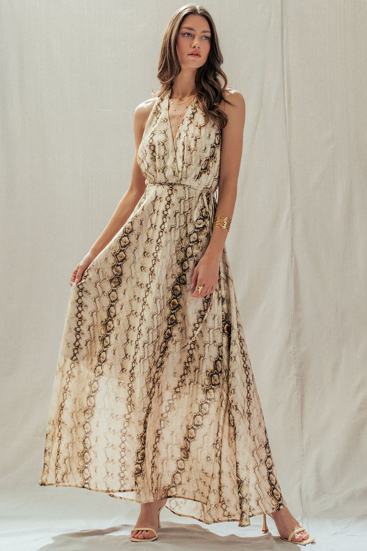 boho snakeskin halter maxi dress - multi