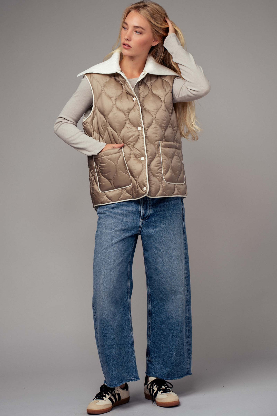 Quilted  Puffer Vest w Ribbed Shawl Collar | wholesale outerwear | Trend Notes