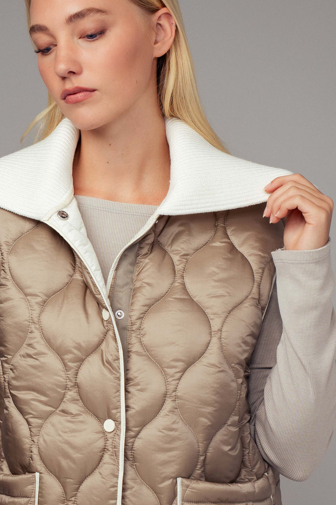 Quilted  Puffer Vest w Ribbed Shawl Collar | wholesale outerwear | Trend Notes