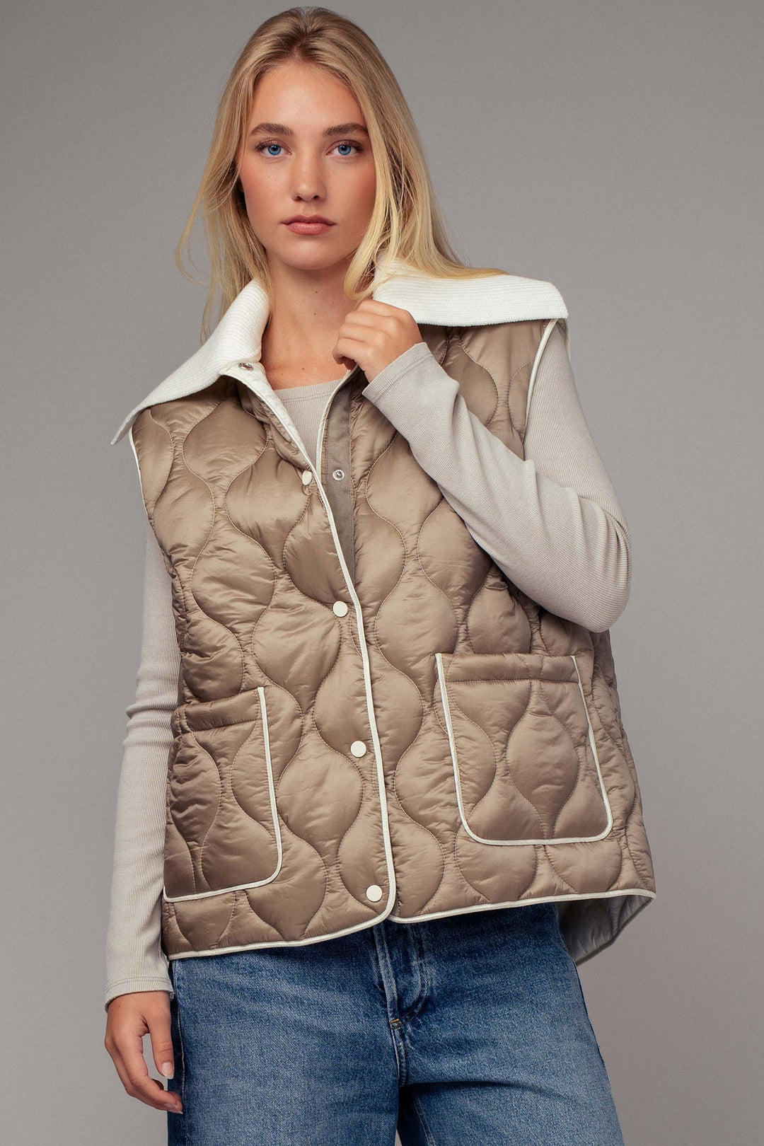 Quilted  Puffer Vest w Ribbed Shawl Collar | wholesale outerwear | Trend Notes