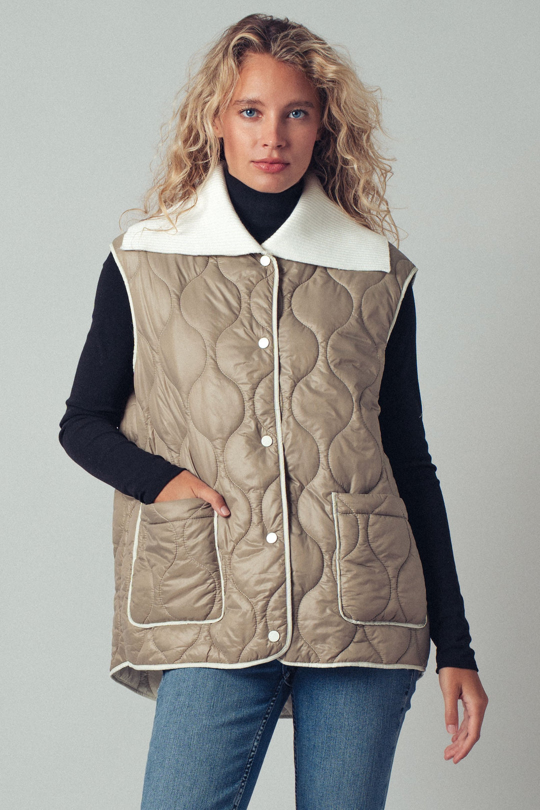 Quilted  Puffer Vest w Ribbed Shawl Collar | wholesale outerwear | Trend Notes