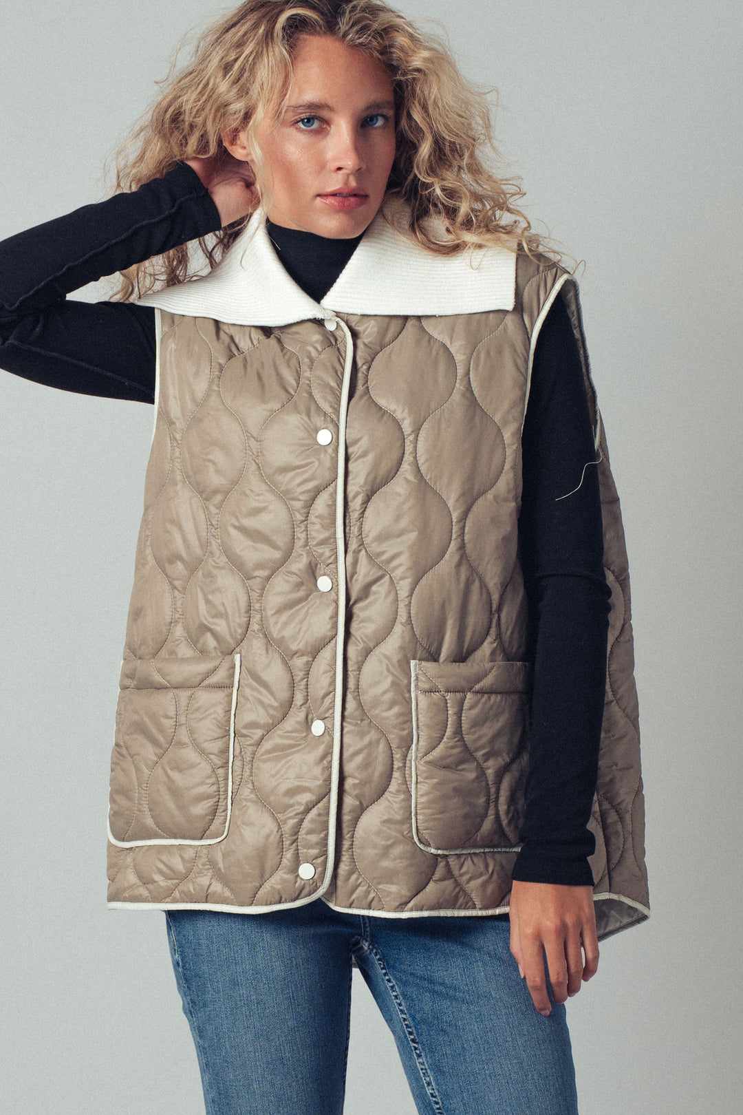 Quilted  Puffer Vest w Ribbed Shawl Collar | wholesale outerwear | Trend Notes