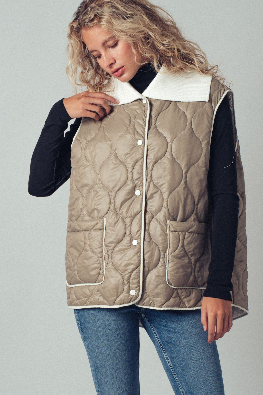 Quilted  Puffer Vest w Ribbed Shawl Collar | wholesale outerwear | Trend Notes