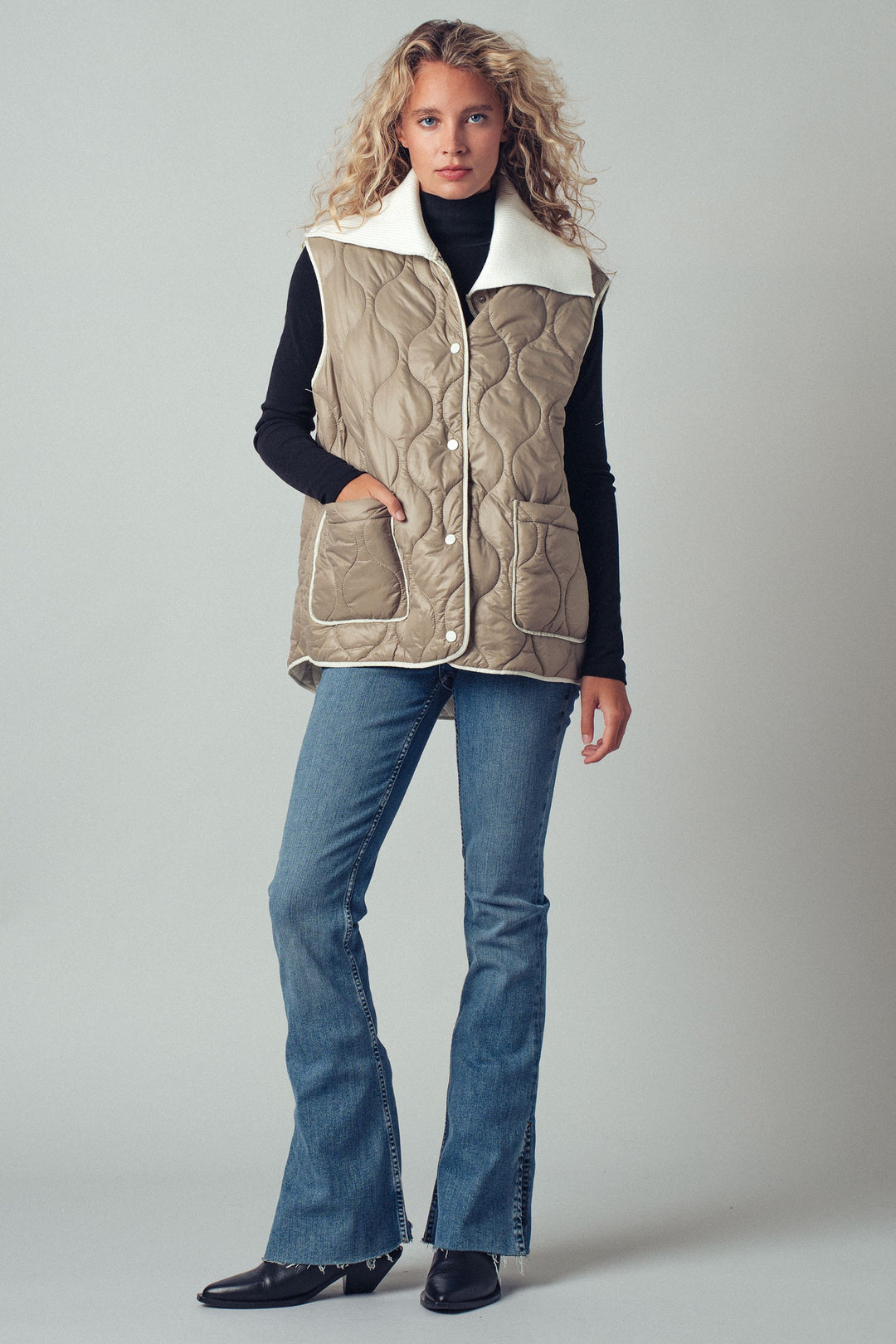 Quilted  Puffer Vest w Ribbed Shawl Collar | wholesale outerwear | Trend Notes