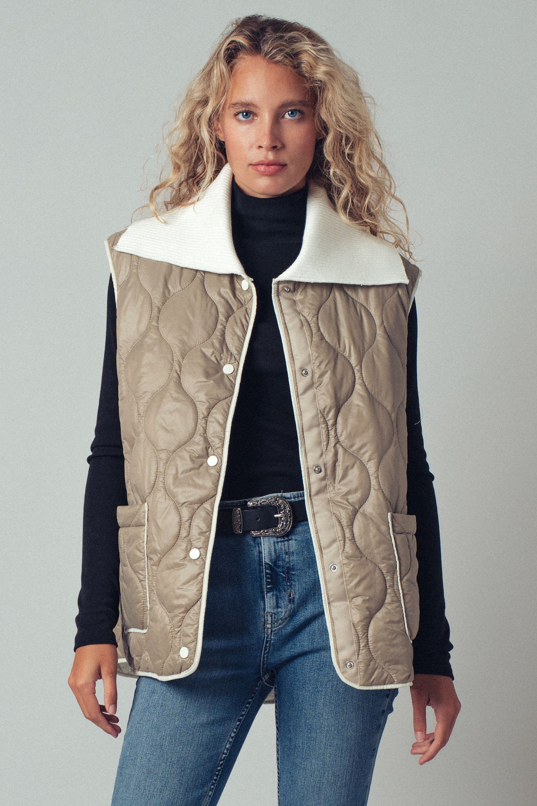 Quilted  Puffer Vest w Ribbed Shawl Collar | wholesale outerwear | Trend Notes