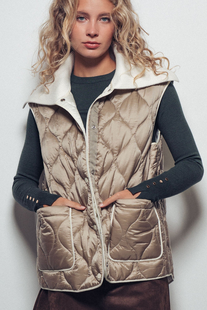 Quilted Puffer Vest W Ribbed Shawl Collar
