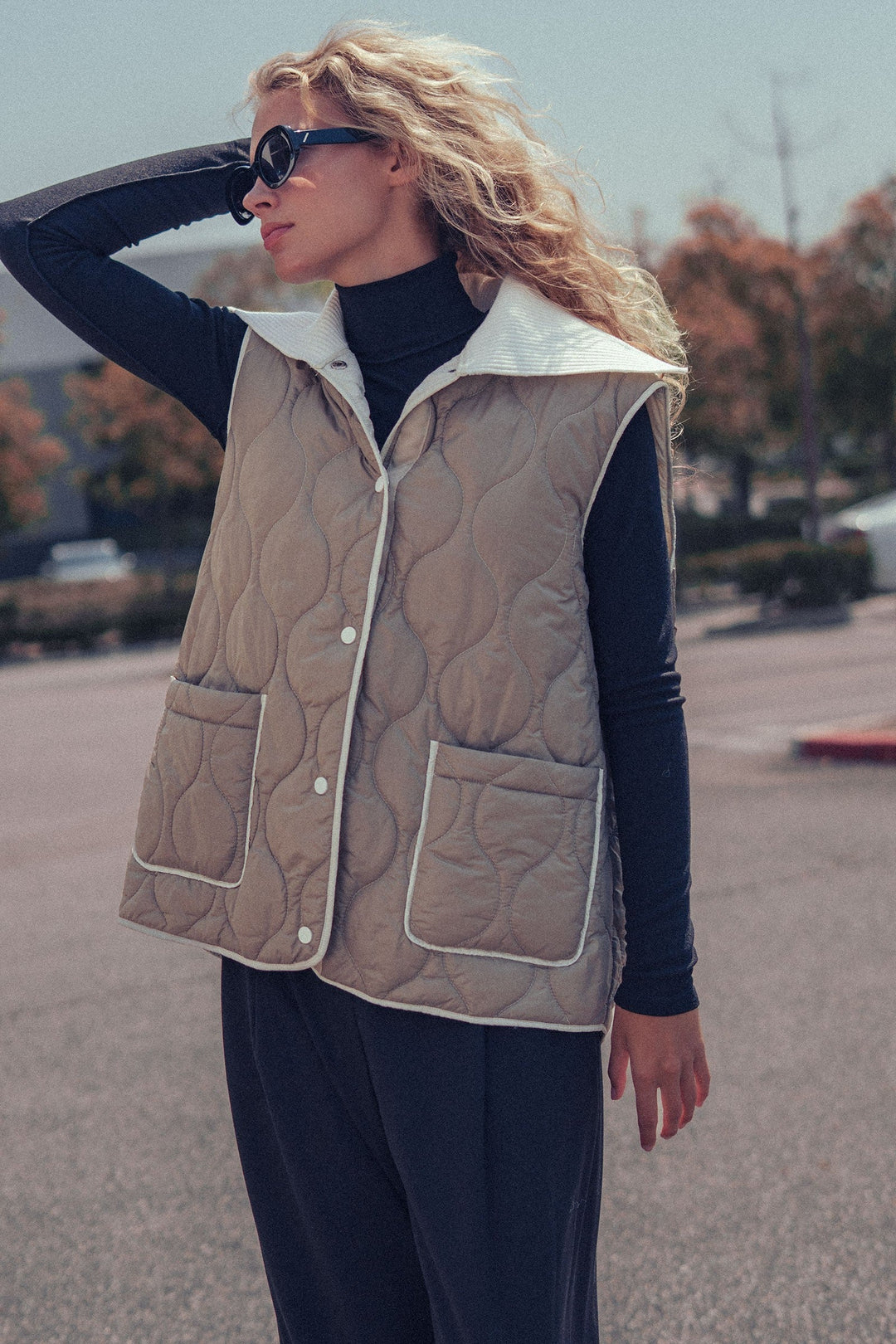 Quilted Puffer Vest W Ribbed Shawl Collar, additional view