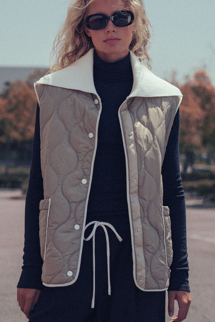Quilted Puffer Vest W Ribbed Shawl Collar, additional view