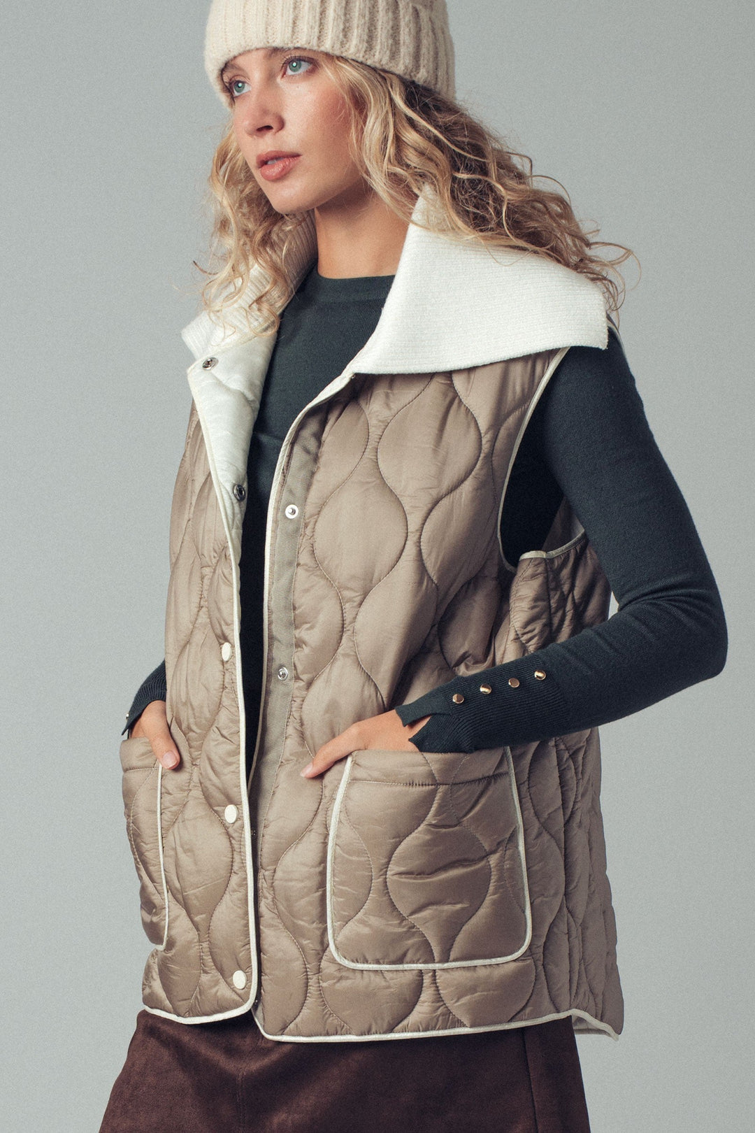 Quilted Puffer Vest W Ribbed Shawl Collar, additional view