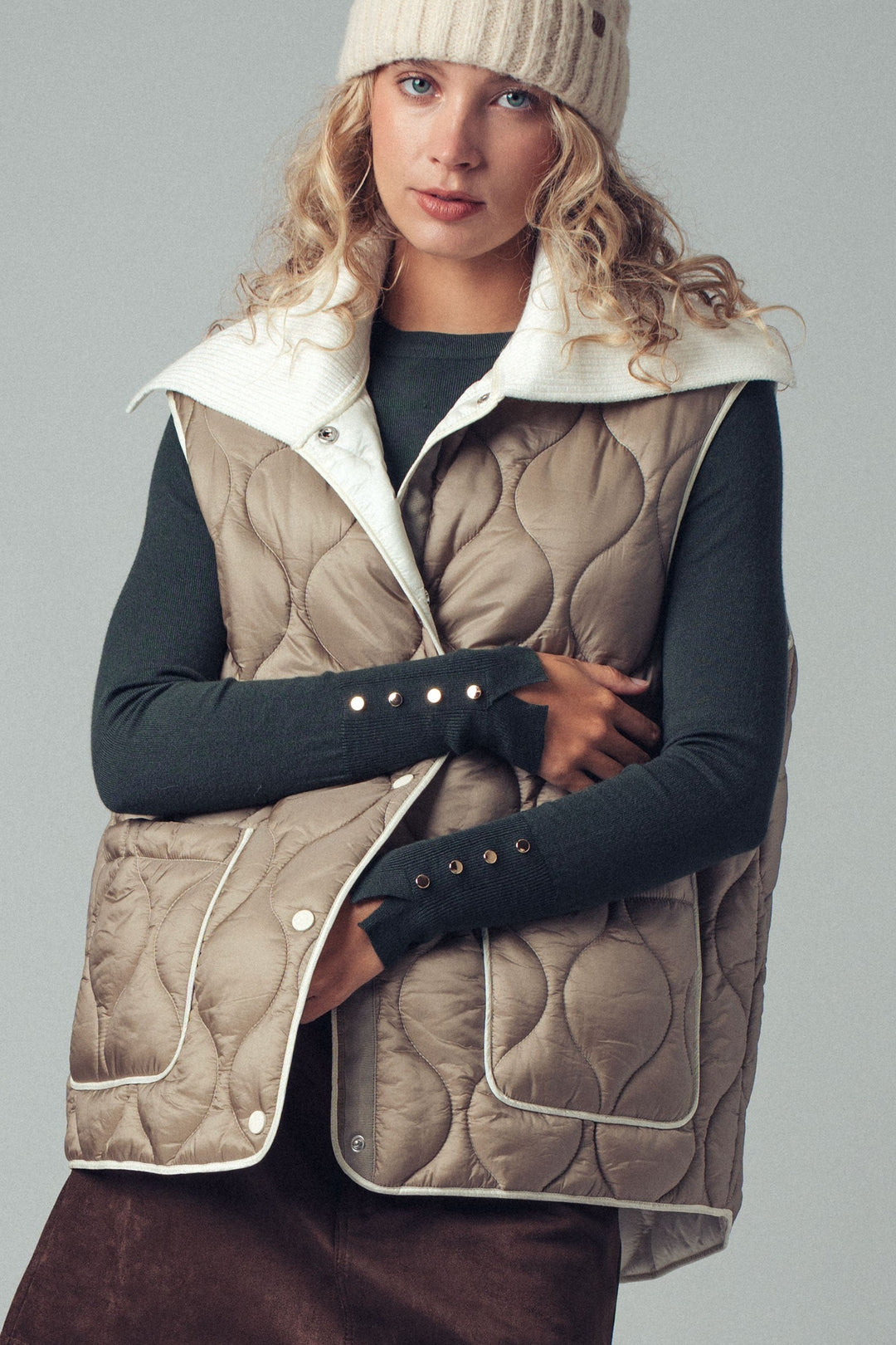 Quilted Puffer Vest W Ribbed Shawl Collar, additional view