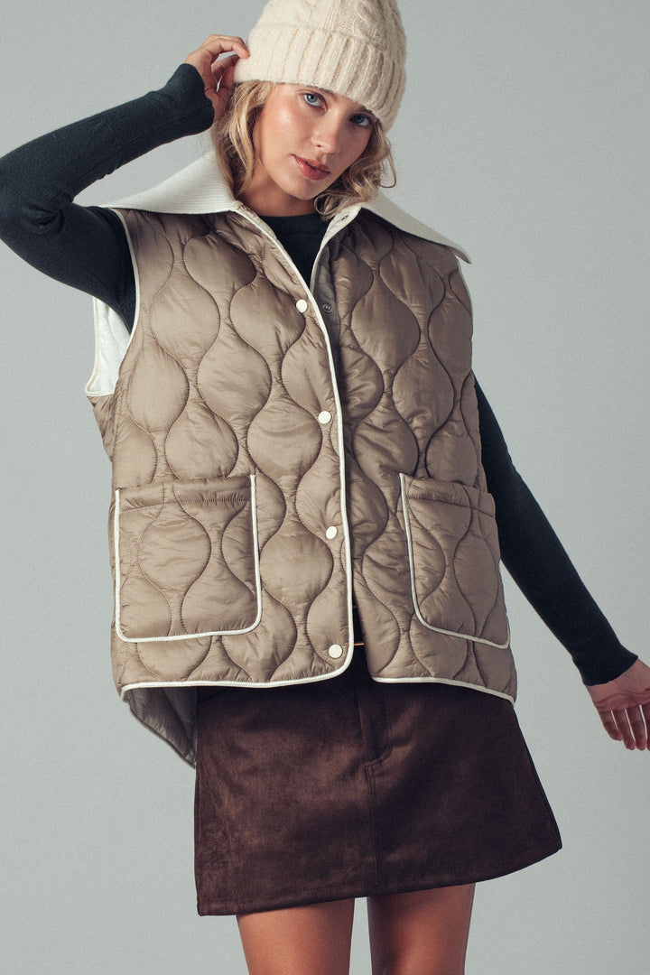 Quilted Puffer Vest W Ribbed Shawl Collar, additional view
