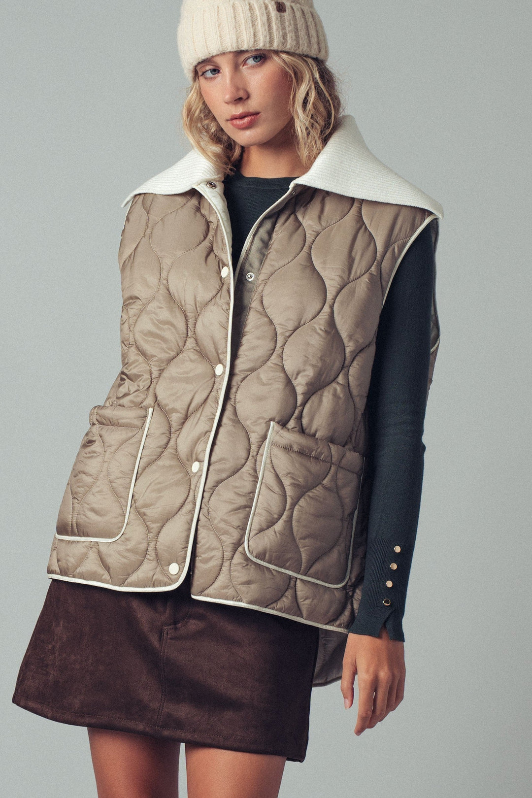 Quilted Puffer Vest W Ribbed Shawl Collar, additional view