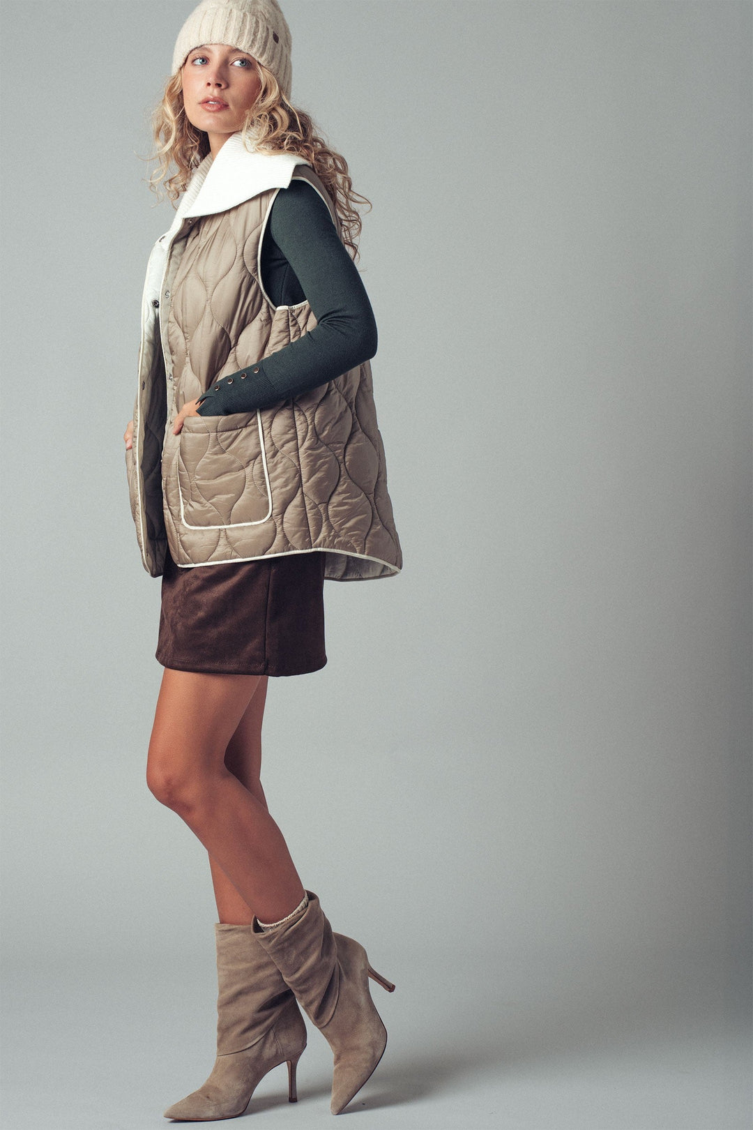 Quilted Puffer Vest W Ribbed Shawl Collar, additional view