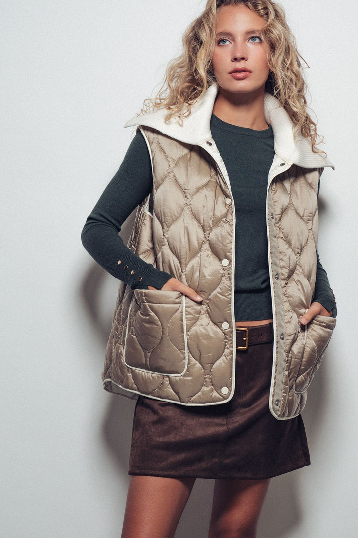 Quilted Puffer Vest W Ribbed Shawl Collar, additional view