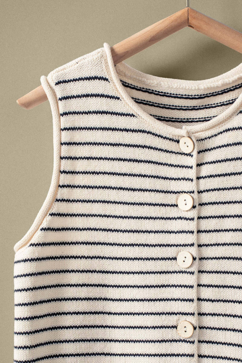 striped button front sleeveless knit vest - cream