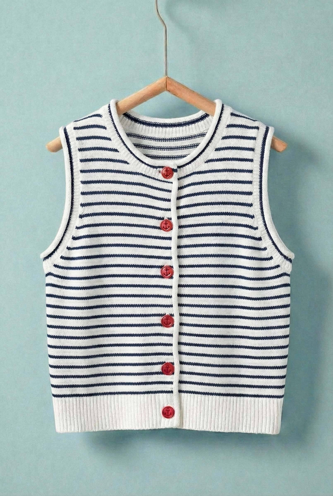 striped button front sleeveless knit vest - ivory navy