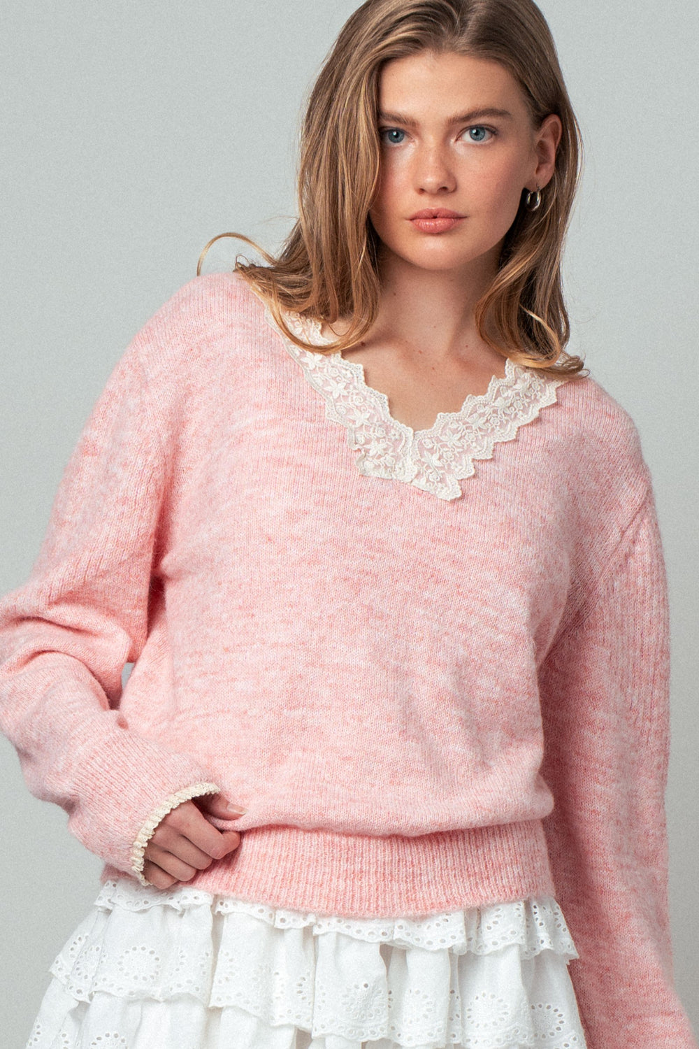 lace trim knit sweater - pink