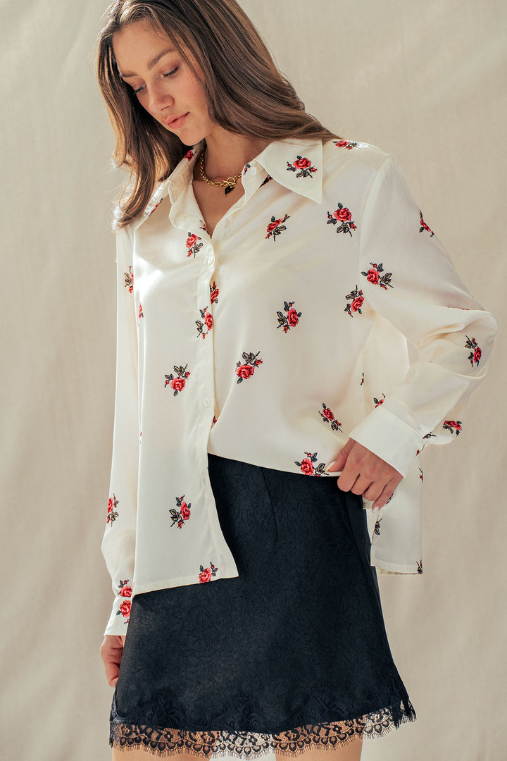 rosebud satin button down shirt - white