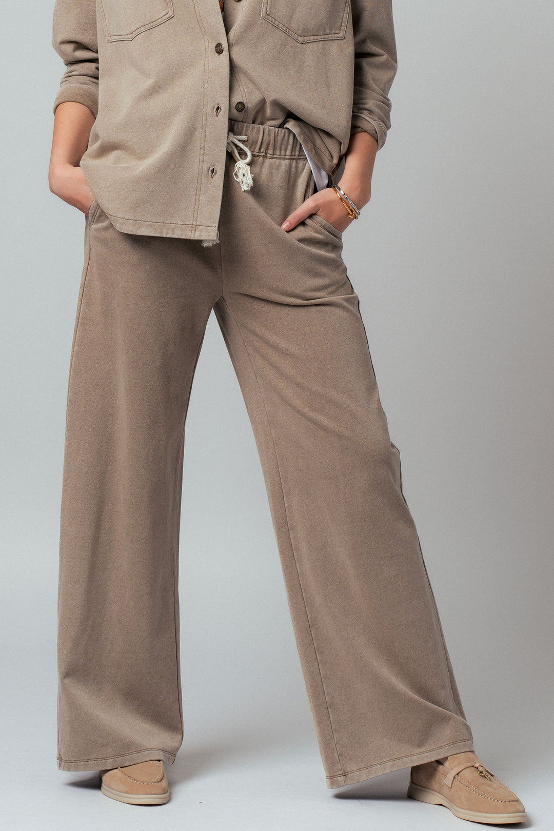 vintage washed french terry wide leg pants - mocha