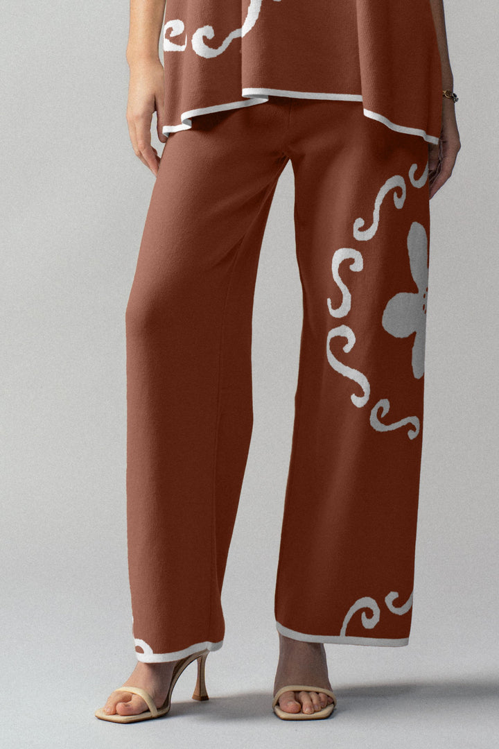 boho floral knit wide legs pants - brown (additional view)