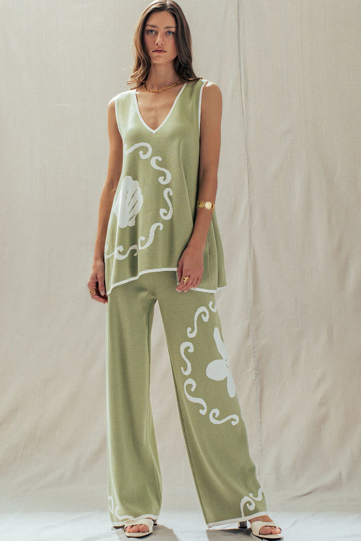 boho floral knit wide legs pants - sage (additional view)