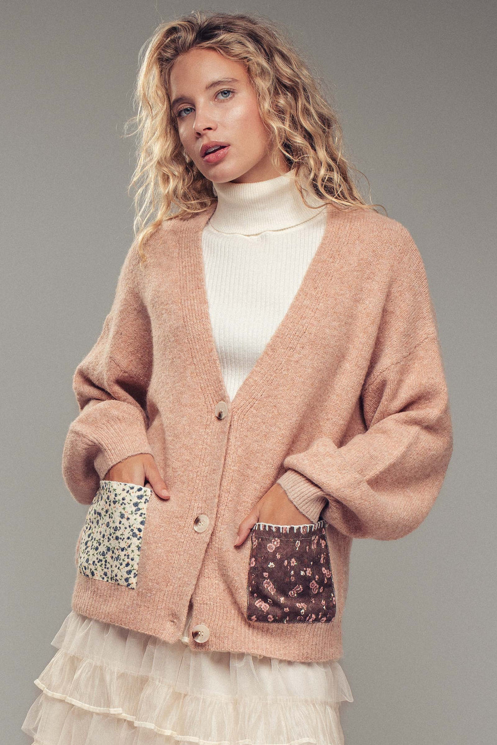 patch pocket knit cardigan - pink
