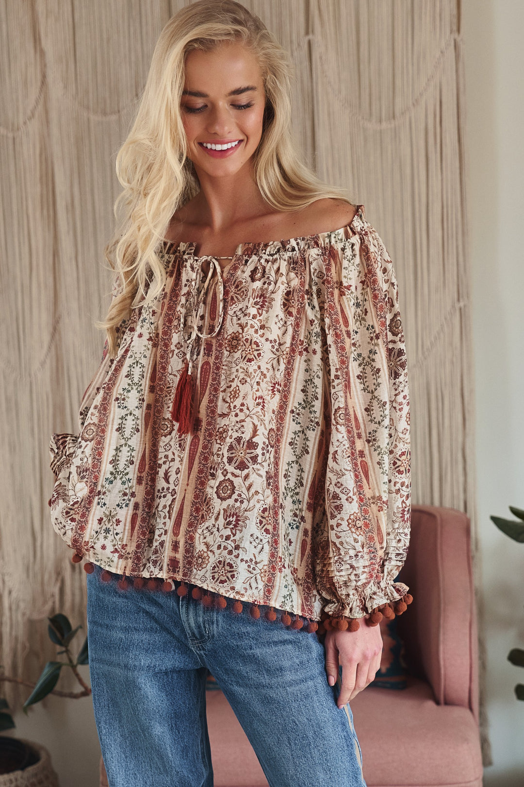 bohemian off shoulder blouse - brown multi