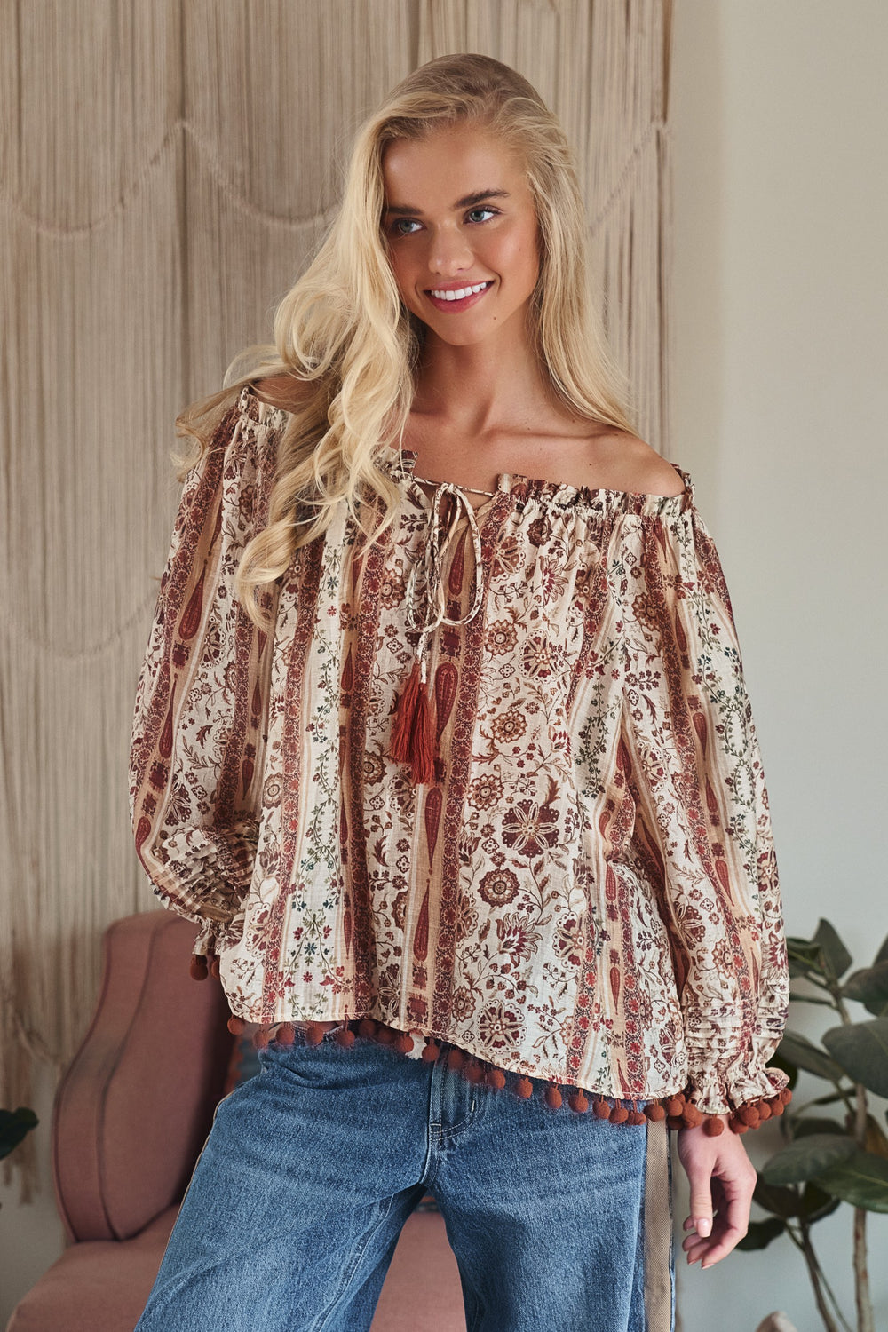bohemian off shoulder blouse - brown multi (additional view)