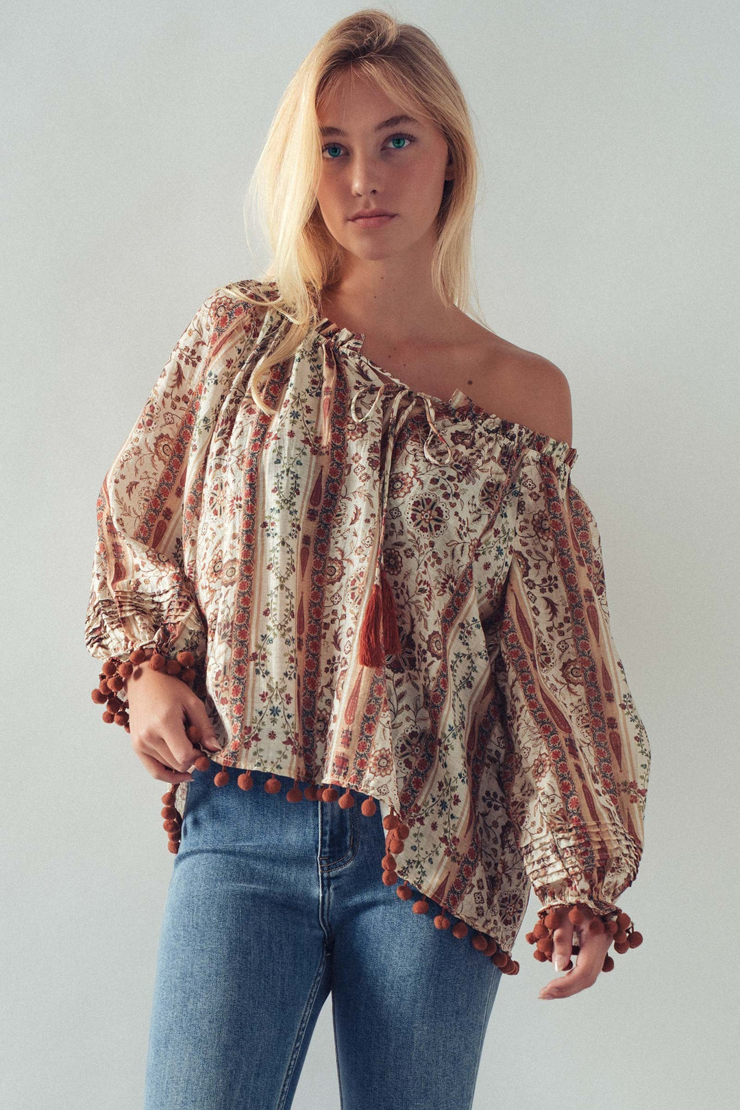 bohemian off shoulder blouse - brown multi