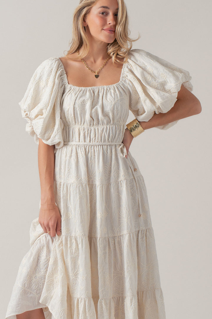 dreamy tiered puff sleeve midi dress - ivory