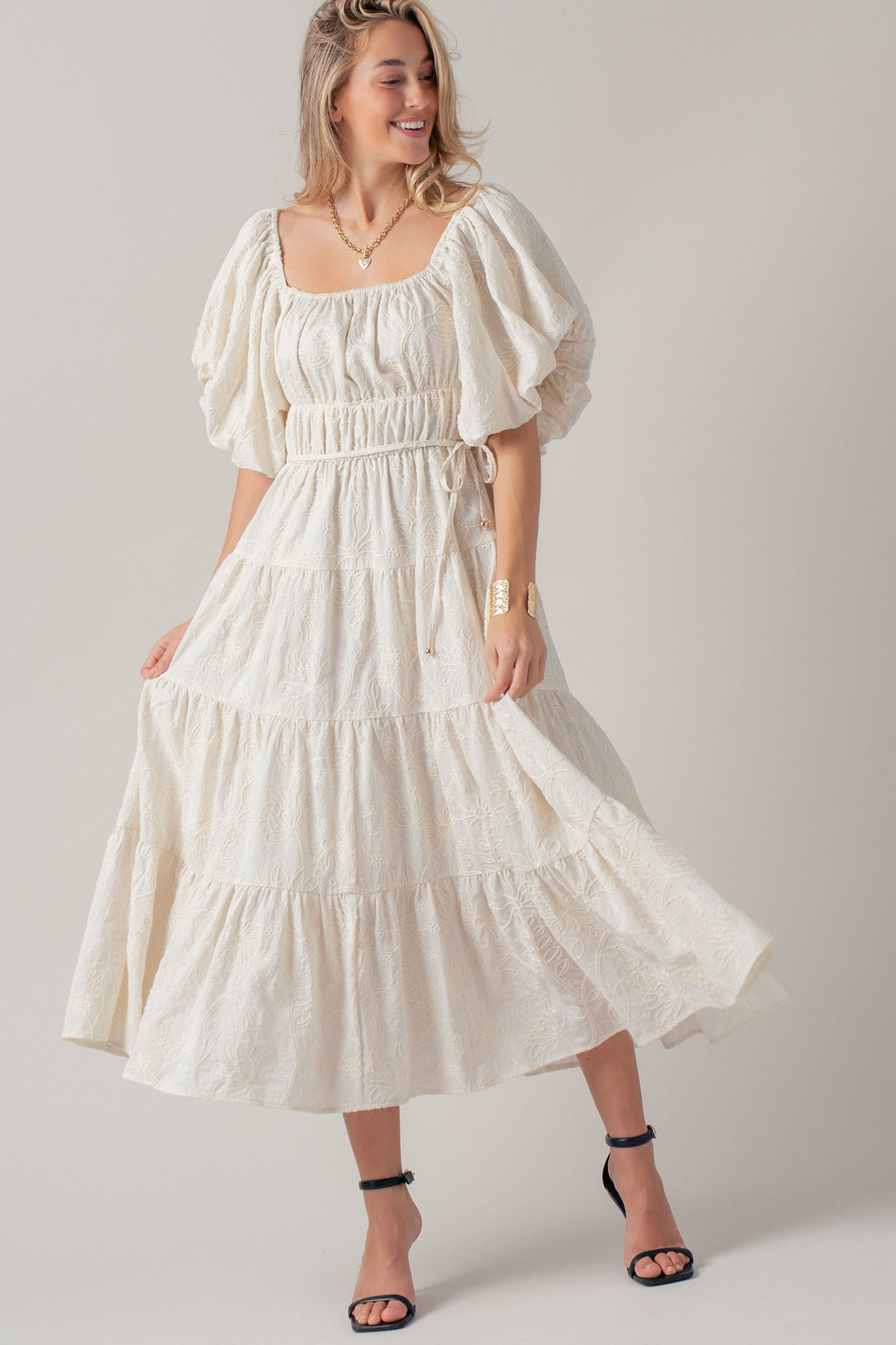 dreamy tiered puff sleeve midi dress - ivory (additional view)