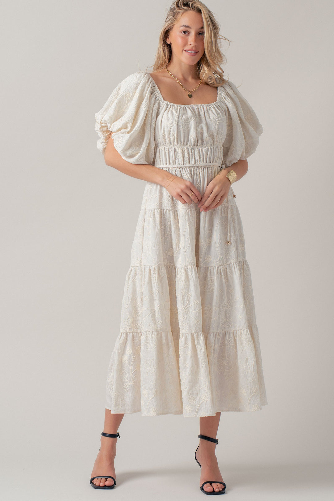 dreamy tiered puff sleeve midi dress - ivory (additional view)