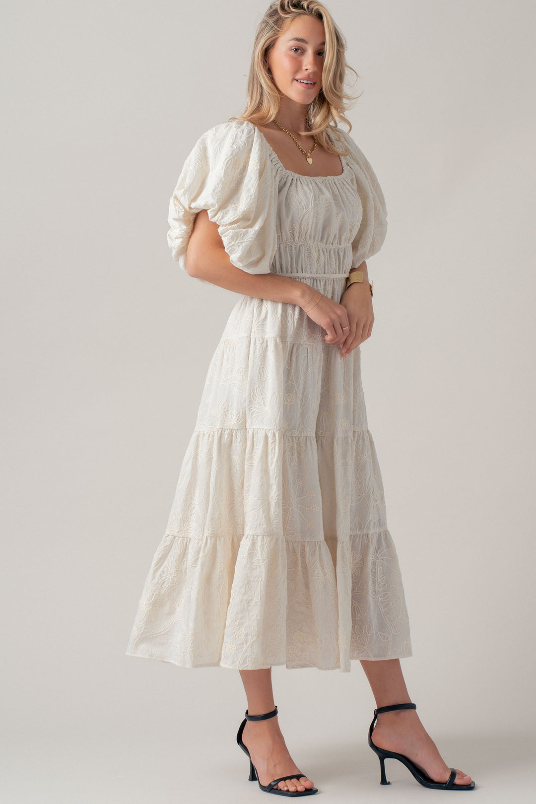 dreamy tiered puff sleeve midi dress - ivory (additional view)