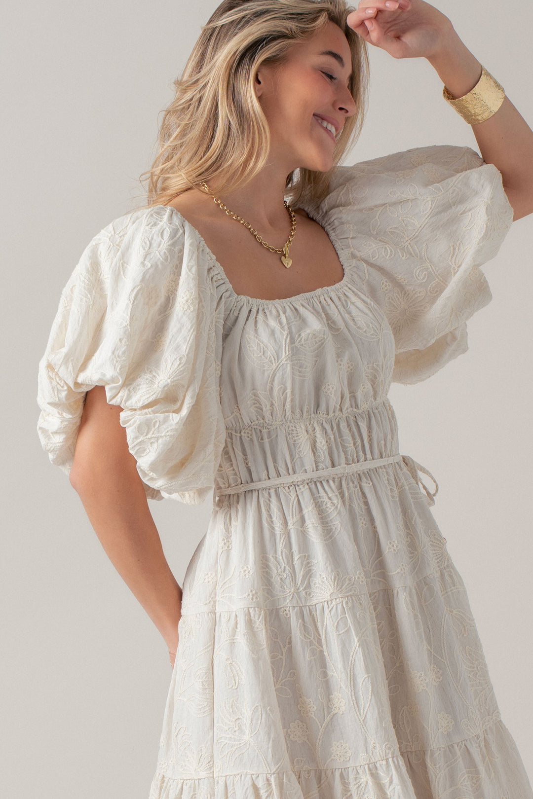 dreamy tiered puff sleeve midi dress - ivory (additional view)
