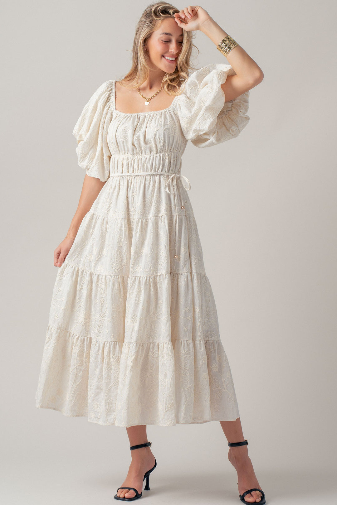 dreamy tiered puff sleeve midi dress - ivory (additional view)