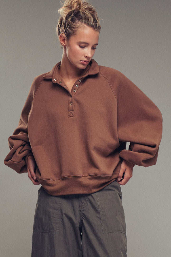 vintage washed oversized snap collar pullover top - brown